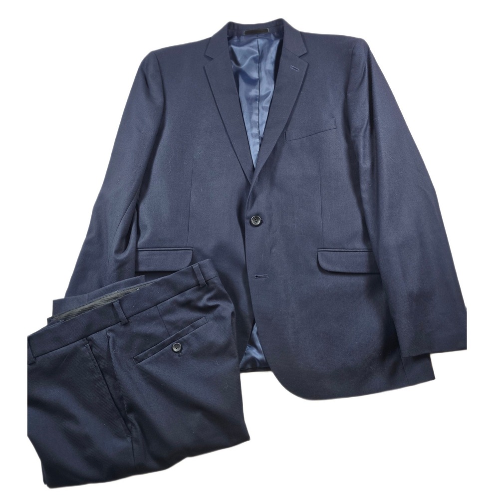 Kenneth Cole Techni-Cole Suit Mens 44R 2 Piece Pants 35x32 Navy Blue Stretch